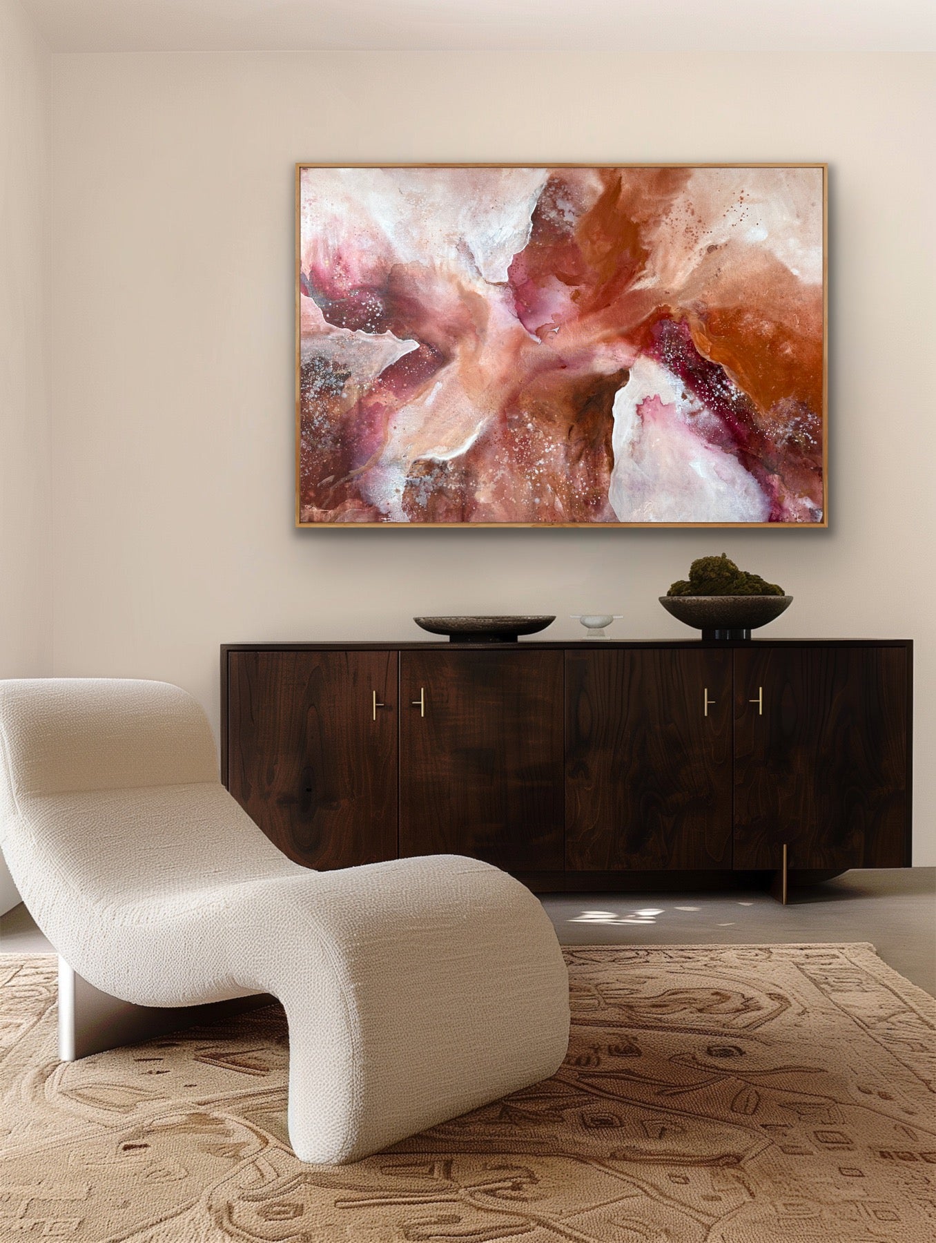 Modern interior with a white lounge chair, dark wooden cabinet, and abstract painting.