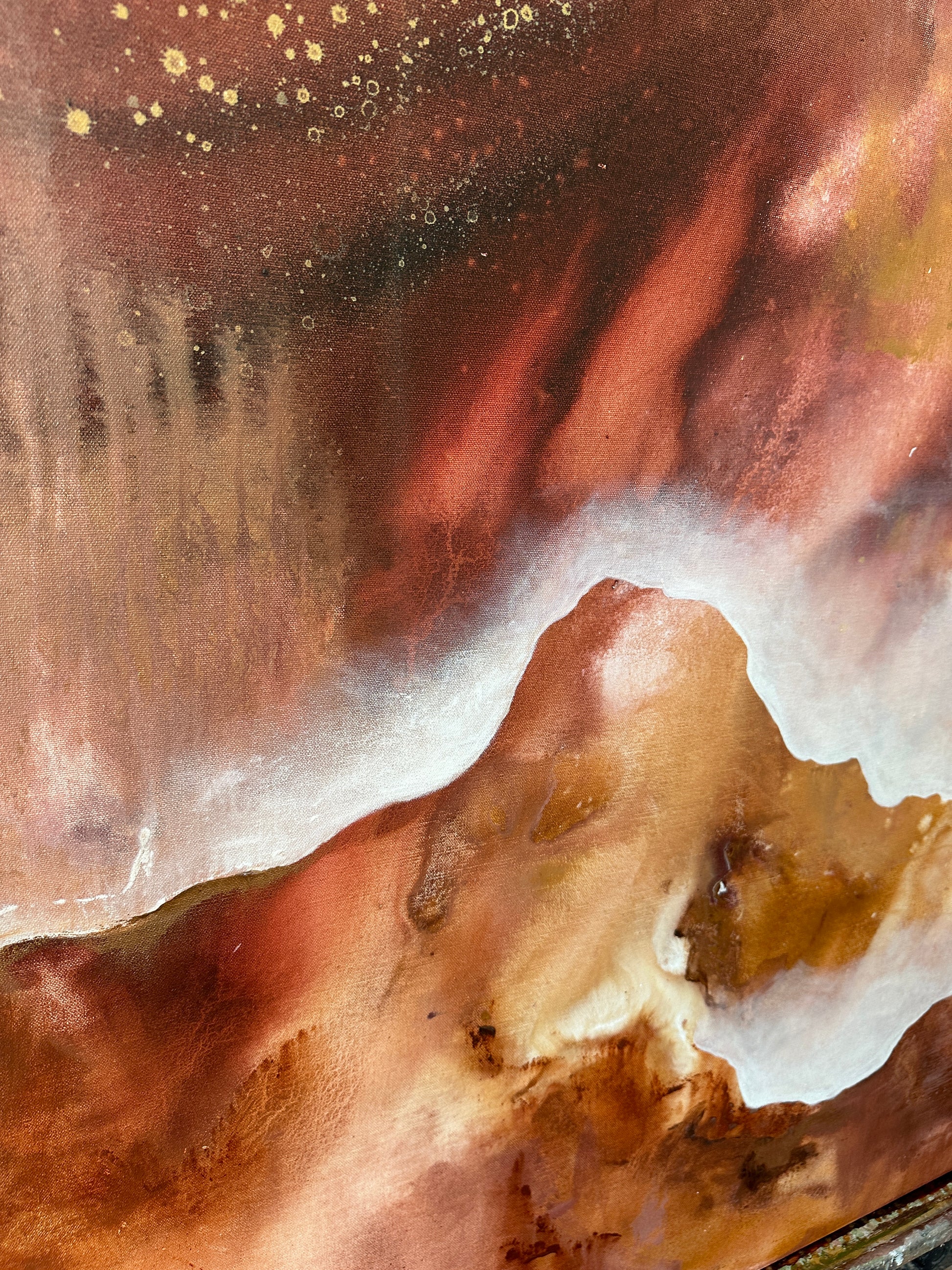 Abstract art with brown, white, and gold colors