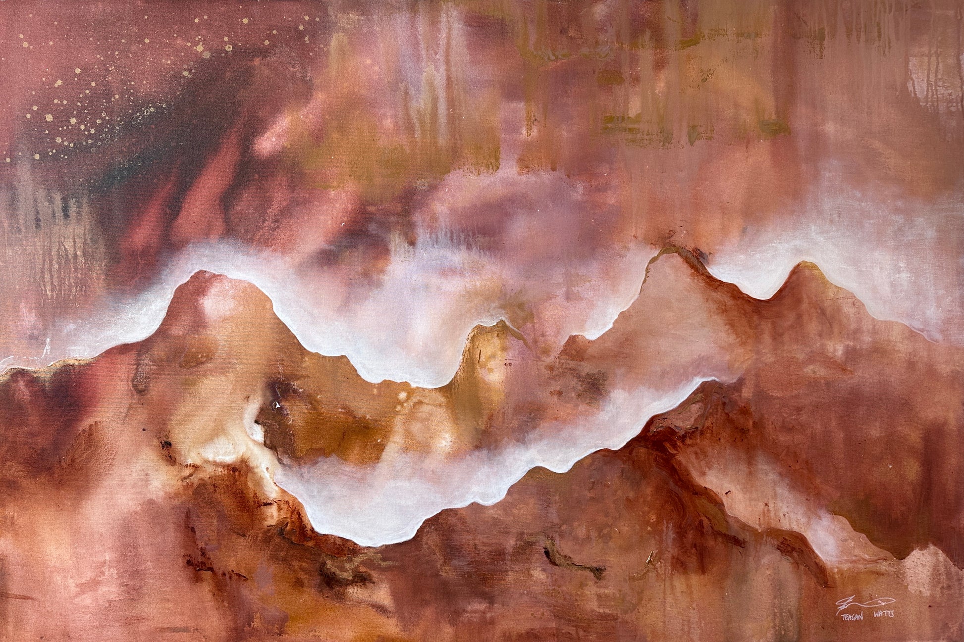 Abstract artwork with brown, beige, and white colors