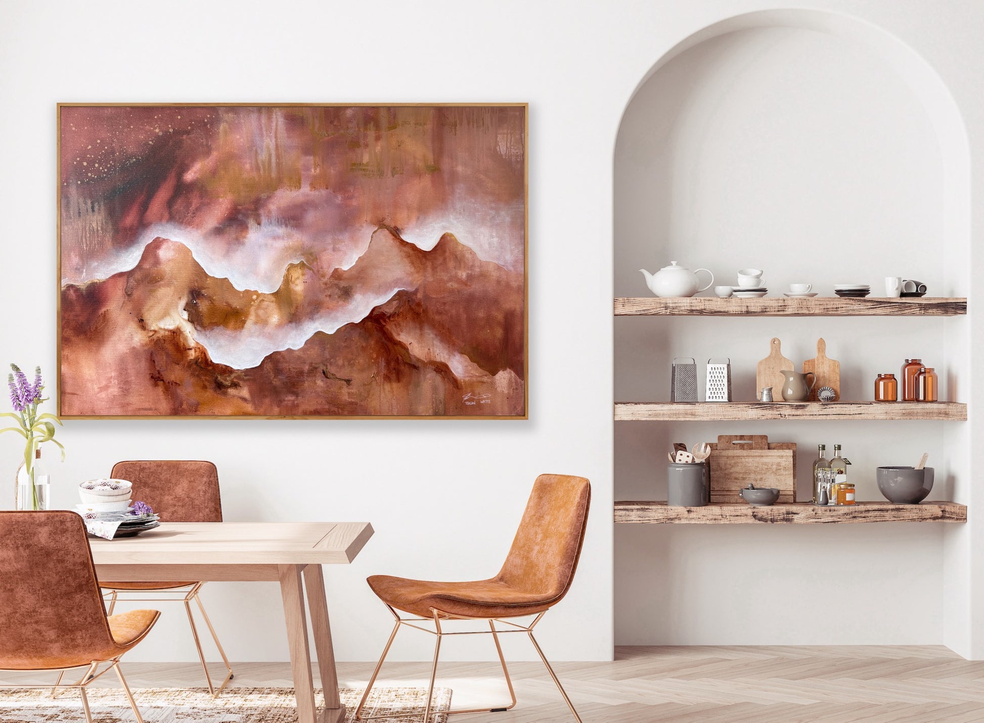 Dining room with wooden table, chairs, and abstract painting on wall.