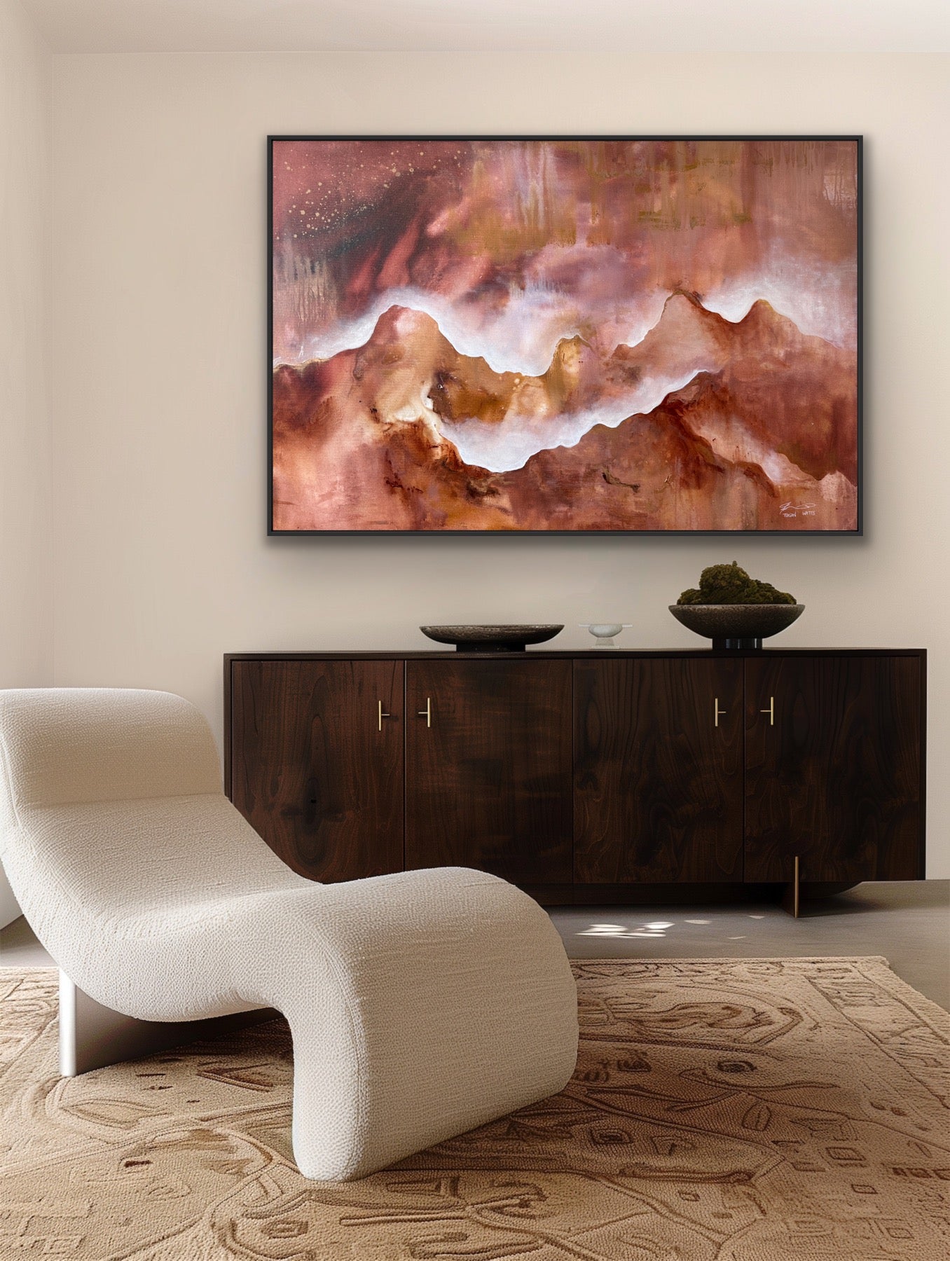Modern interior with a white lounge chair, dark wooden cabinet, and abstract painting on a beige wall.
